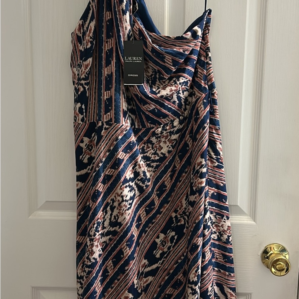 Lauren Ralph Lauren One Shoulder Dress - Navy and Beige